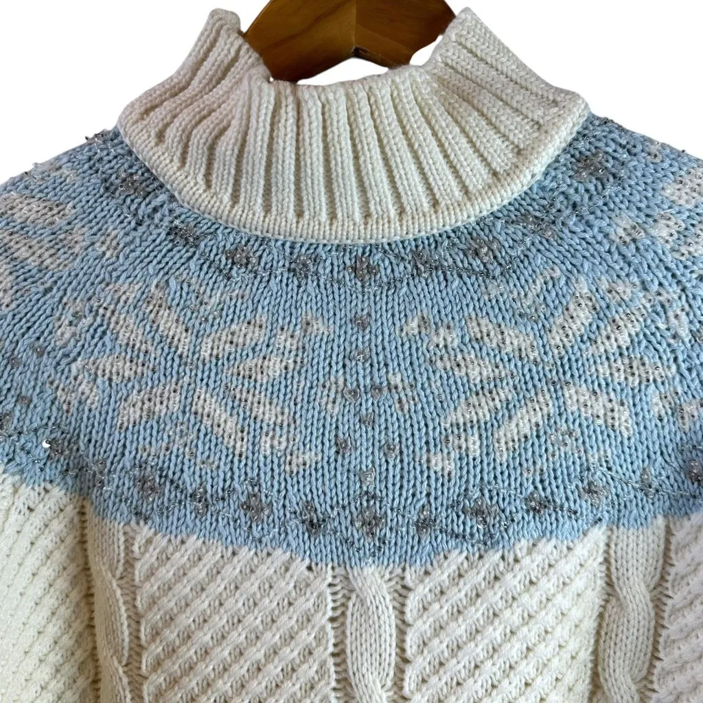 Ivory & Blue Fair Isle Cable Knit Turtleneck Sweater Size M Liz Claiborne - Image 3