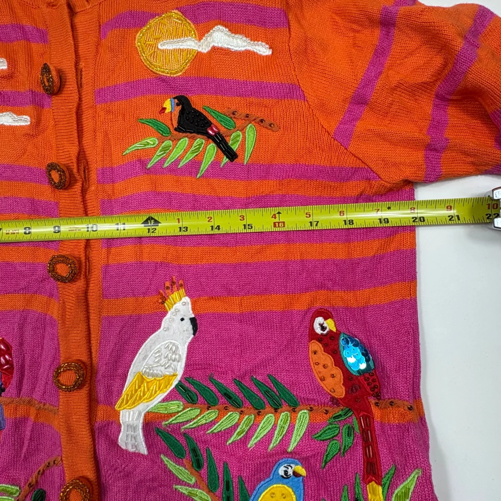 Just B Parrot Bird Tropical Embroidered Striped Cardigan Sweater Orange Pink M Size M - Image 14