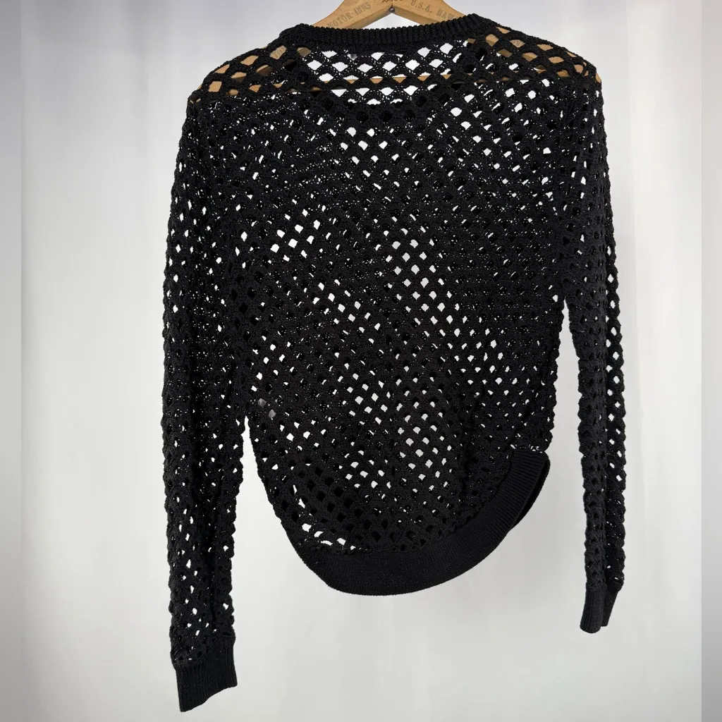 Trina Turk Pima Cotton Crewneck Open Knit Sweater in Black Size Medium - Image 4