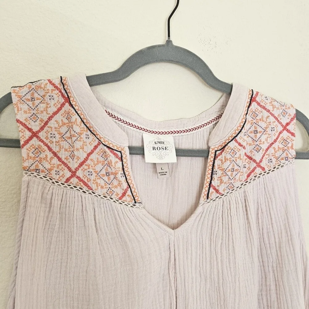 Knox Rose Embroidered Notched Top Size L Mixed Media Gauze Sleeveless‎ Boho Pink - Image 6