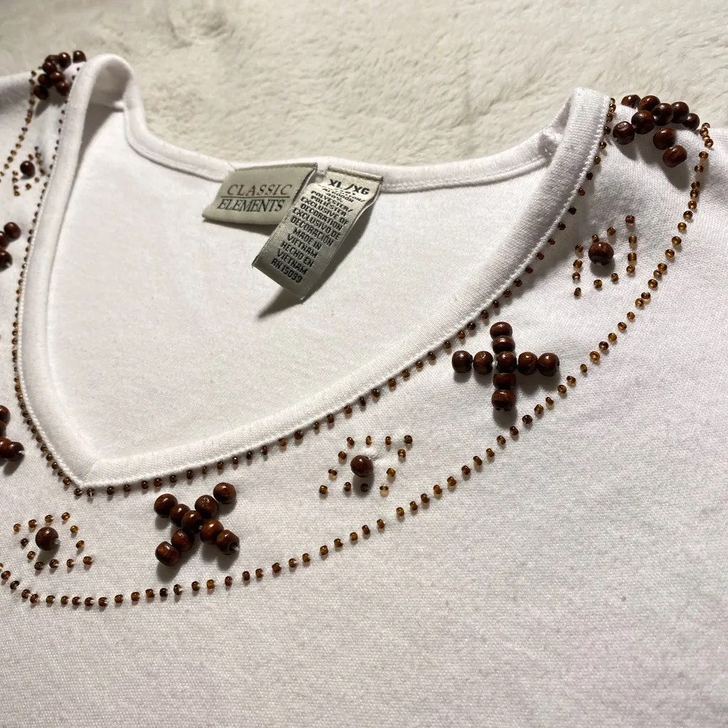 Classic Elements White Cotton Tee with Wood & Glass Beads V Neck Top XL (18) - Image 2
