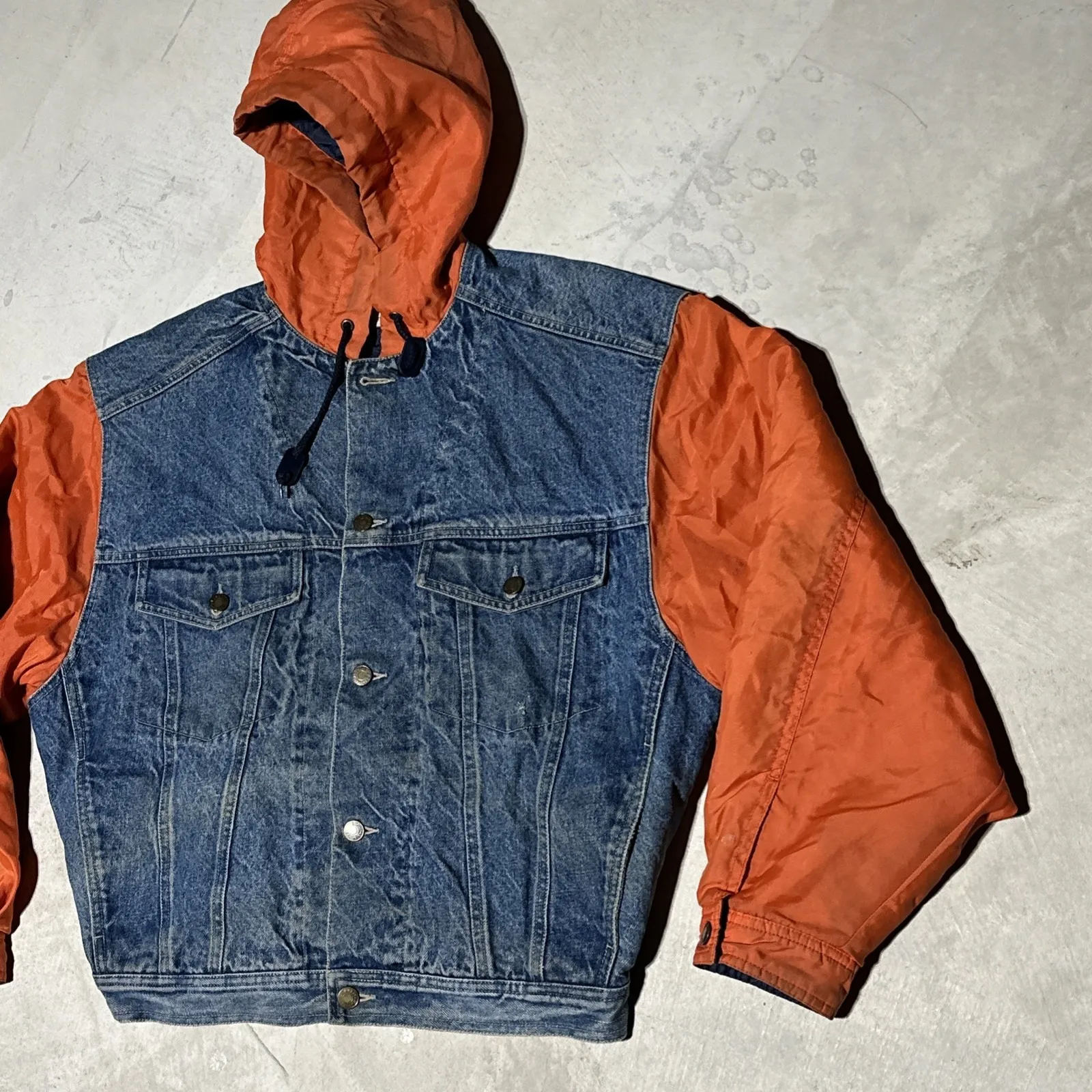 Vintage 90's The Gap Denim SZ Small Jean Jacket W/ Hood Orange Sleeves HipHop - Image 2