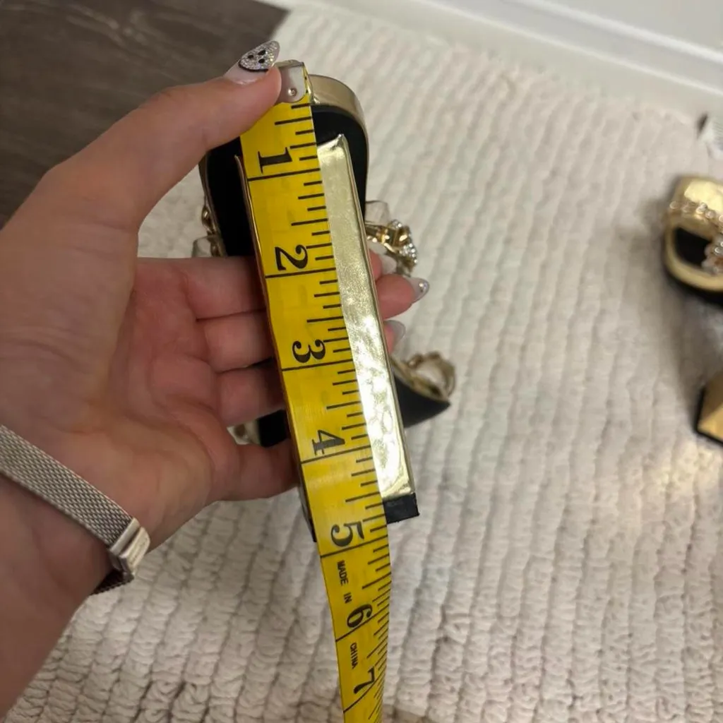 Gold block heels with rhinestone chains Size 6 - Image 7