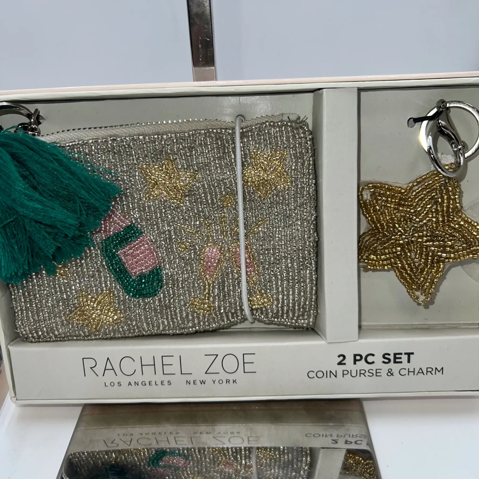 Rachel Zoe 2 Piece Coin Purse & Charm Set Beaded Star Champagne Bottle Green - Image 2