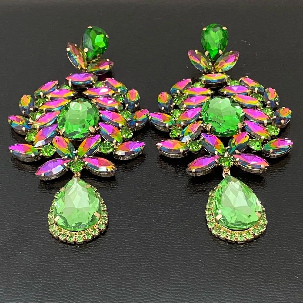 Stunning Watermelon & Green Rhinestones Teardrop Large Statement Earrings - Image 7