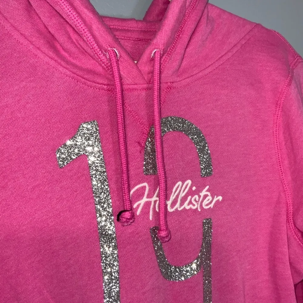 Hollister Pink With Silver Glitter “19” On Front Hoodie Kangaroo Picket Large - Image 6