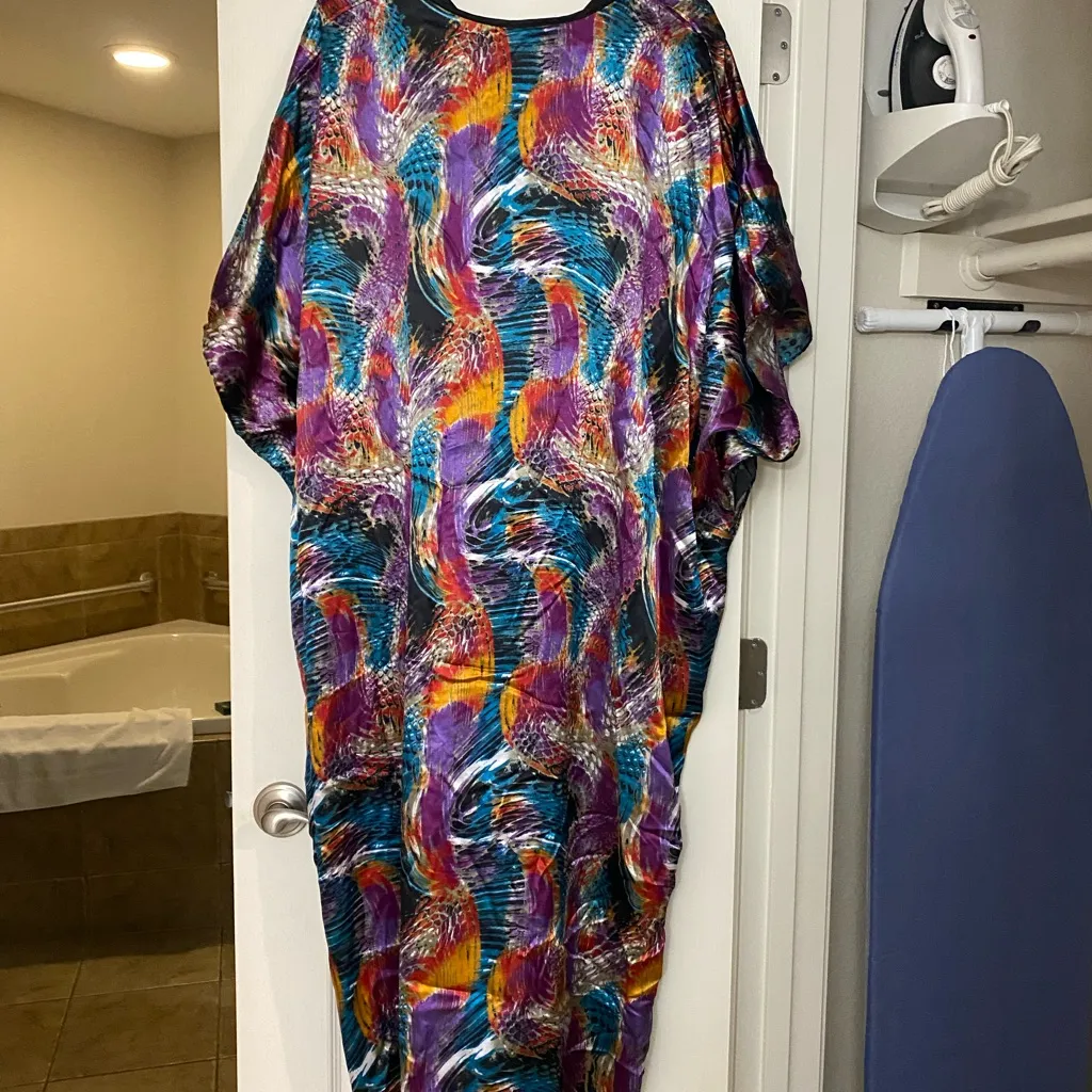 Winlar Womens Kaftan Caftan Long Satin Robe 2XL 3XL Tropical Print Purple Teal Size undefined - Image 8