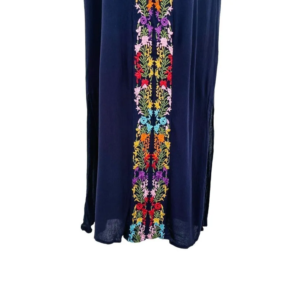 Floral Boho Embroidered Flower Print Gauzy Short Sleeve V-Neck Midi Dress - Image 5