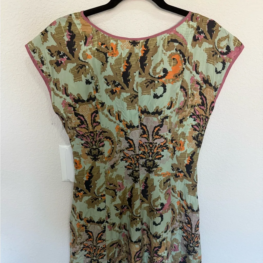 Sundance Arcana Ikat Pixilated Paisley 100% Silk Midi Dress Sz 4 Green Tan Pink - Image 9