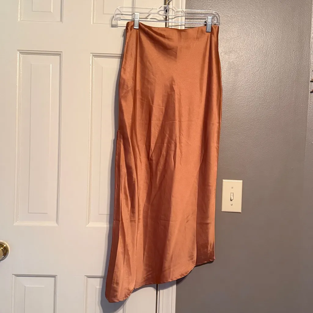 Lulus Contemporary Cutie Brown Satin High-Rise Asymmetrical Midi Skirt - Image 4