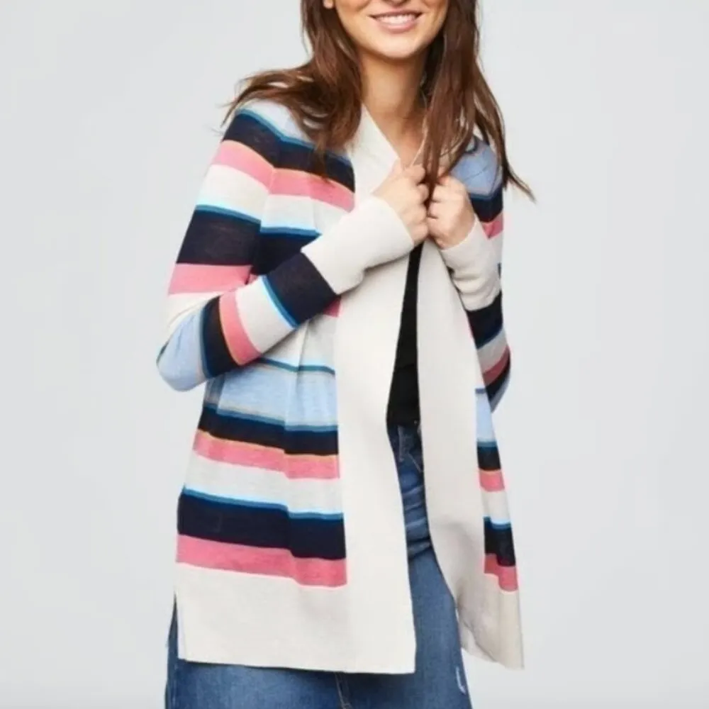 ANN TAYLOR LOFT Striped Sheer Open Cardigan Beige Navy Blue Pink Long Sweater XS - Image 3