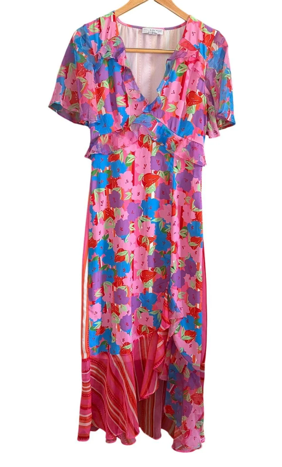 NEVER FULLY DRESSED | Saski Bold Pink Floral Ruffle Hem Midi Dress | Size 6 - Image 3