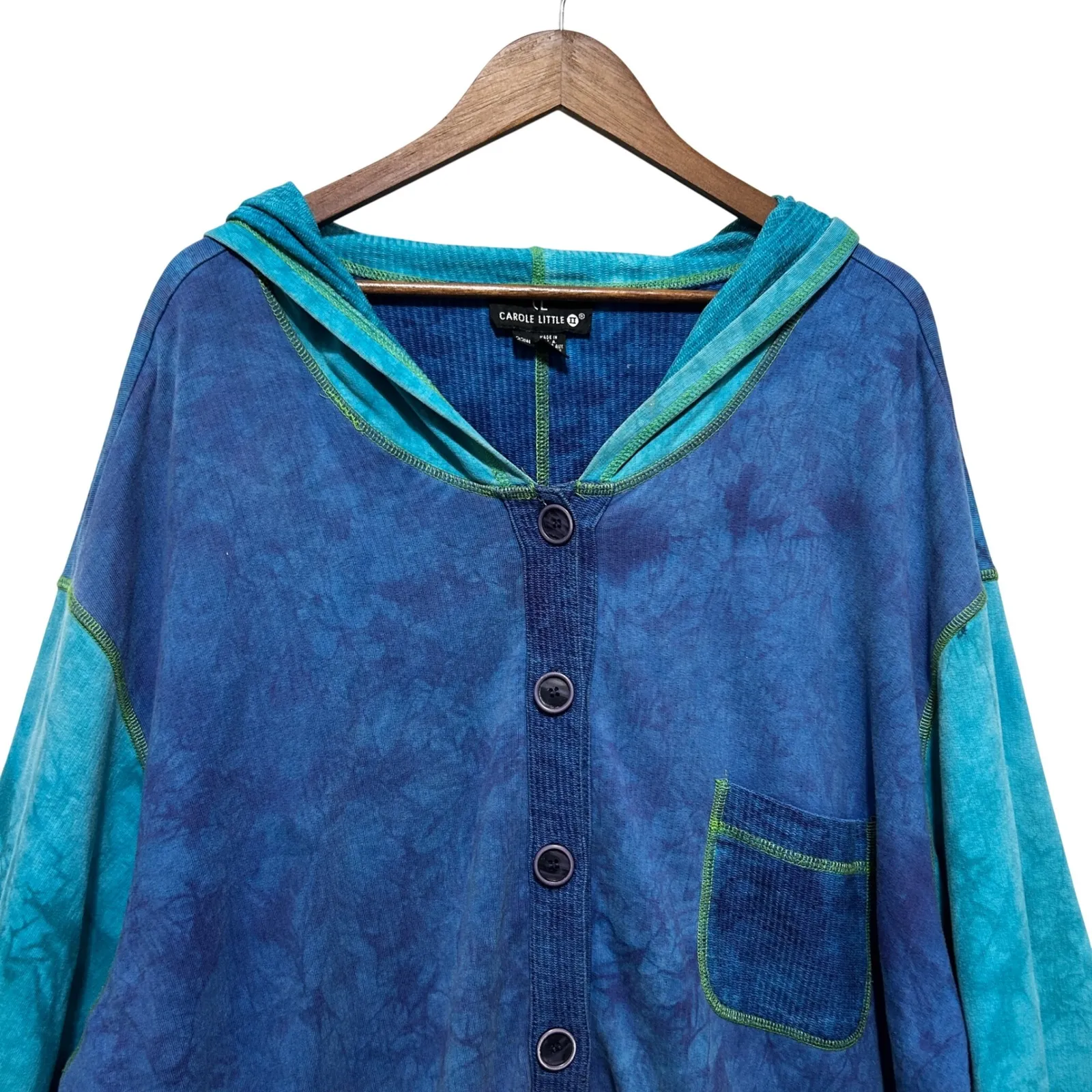 VTG Carole Little Women Hooded Cardigan 22W Blue Tie Dye Button Front Artwear - Image 3