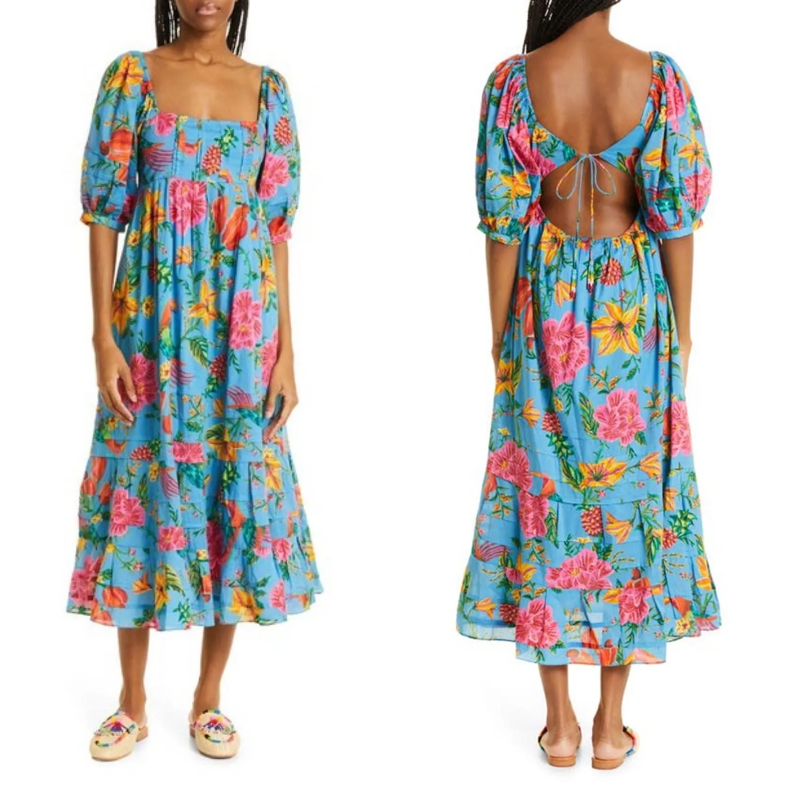 Farm Rio Toucans Garden Blue Floral Puff Sleeve Open Back Midi Dress XS‎ - Image 14