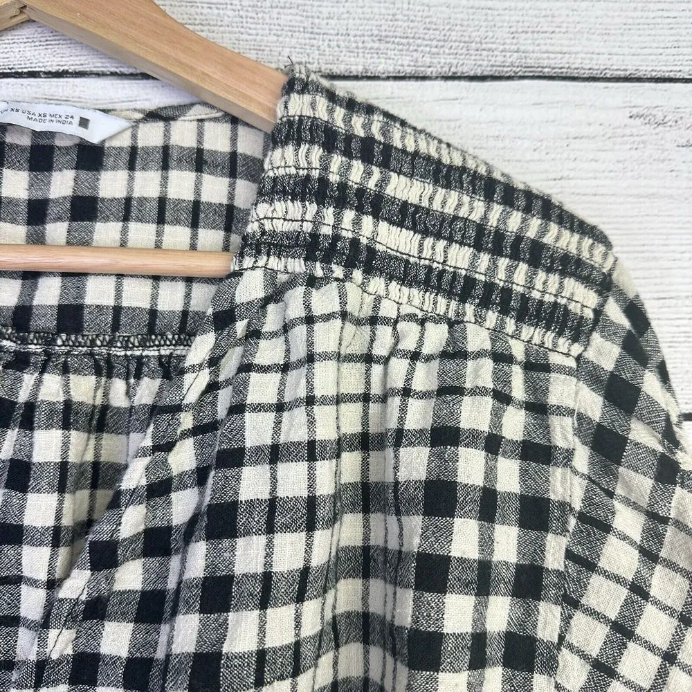 Zara Womens XS Gingham Top Cropped Plaid Flannel Black White Puff‎ Sleeve - Image 4
