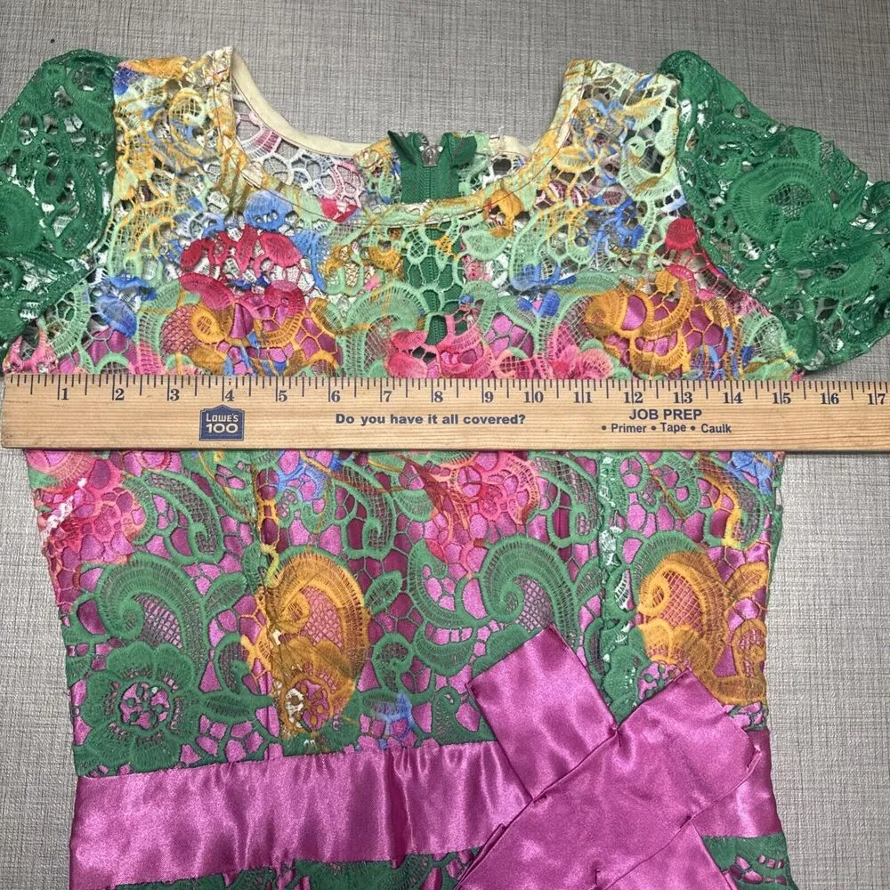 Handmade macramé floral bright green satin lace midi dress S whimsical fairy - Image 10