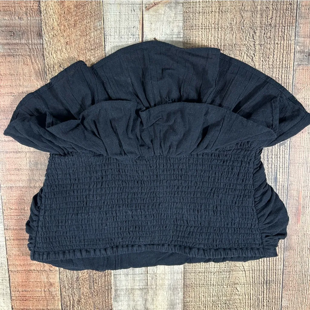 Free People Black Strapless Ruched Peplum Top XS Boho Cottagecore Grunge - Image 3