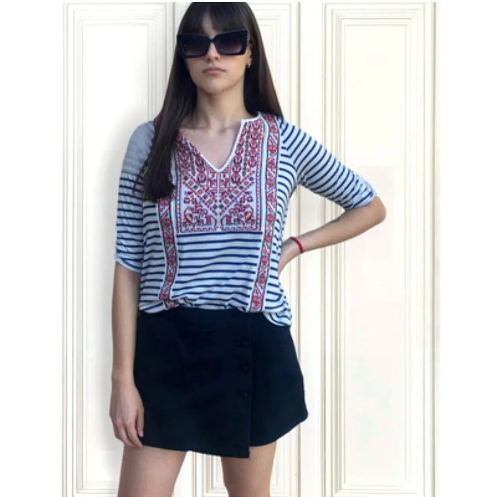Anthropologie Tiny Embroidered Striped Top Blue White Boho Peasant Blouse Medium - Image 2