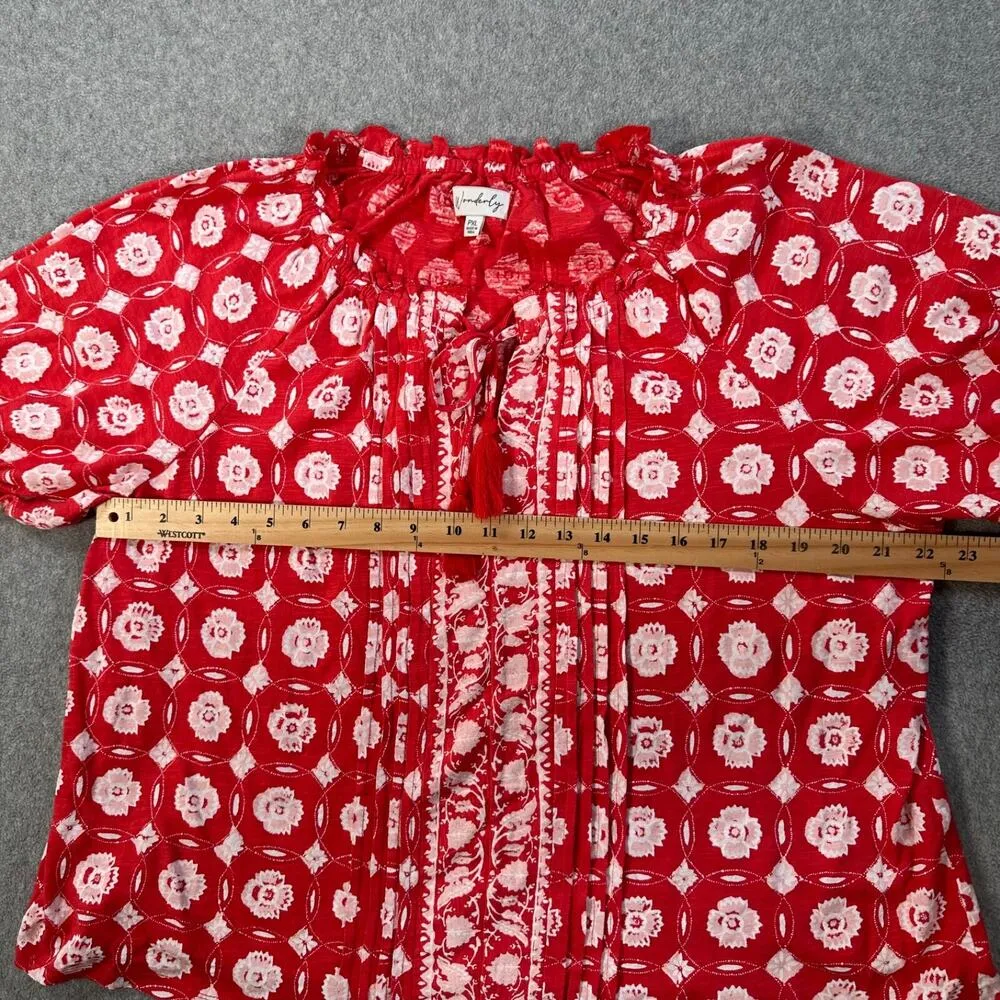 Wonderly Pintuck Peasant Top Women's Petite XL Red Short Puff Sleeve Red Tassel - Image 6