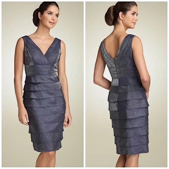 Adrianna Papell Blue Satin Shutter Pleat Tiered Layered Sheath Dress 4 - Image 2