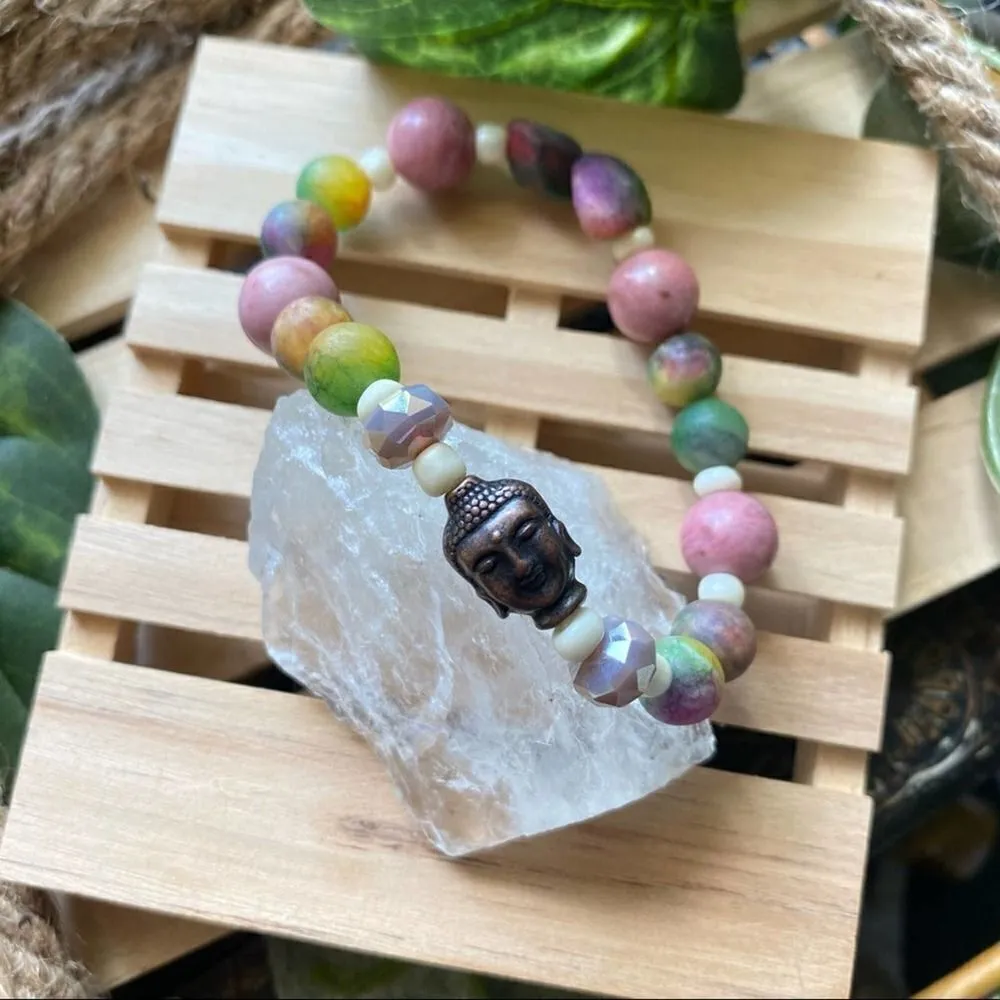 Handmade Buddha Mixed Genuine Gemstone Stretch Bracelet - Image 2