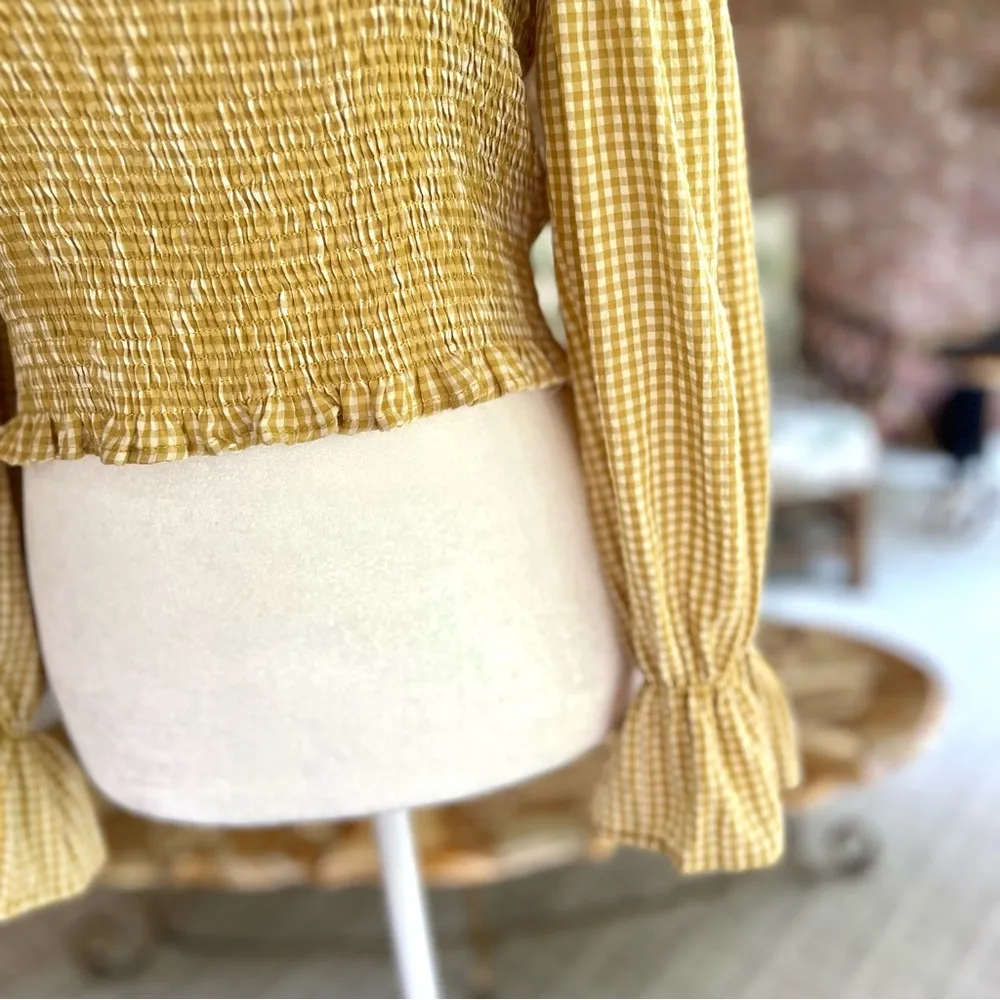 Urban Outfitters Gingham Blouse Cinched Sleeve Mustard Yellow Smocked Top S - Image 6