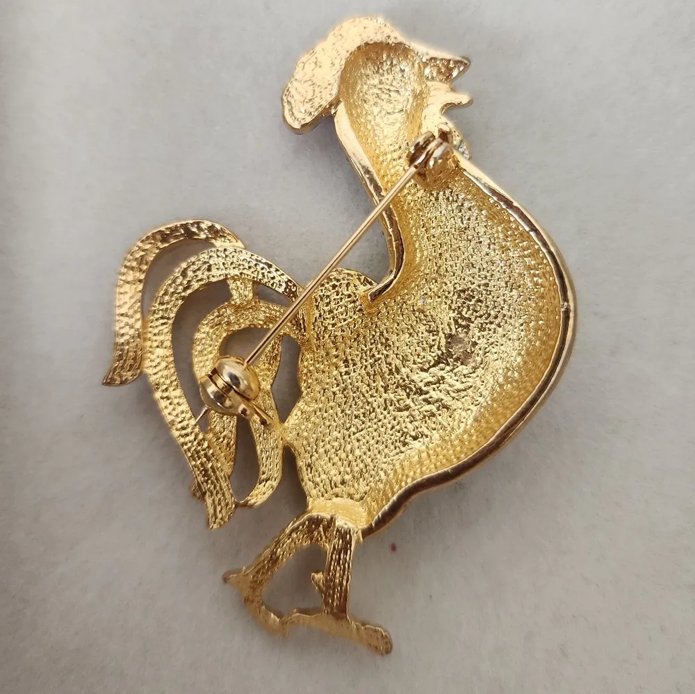 Gold with Clear Crystals and Red Enamel Red Enamel Rooster Brooch Pin - Image 4