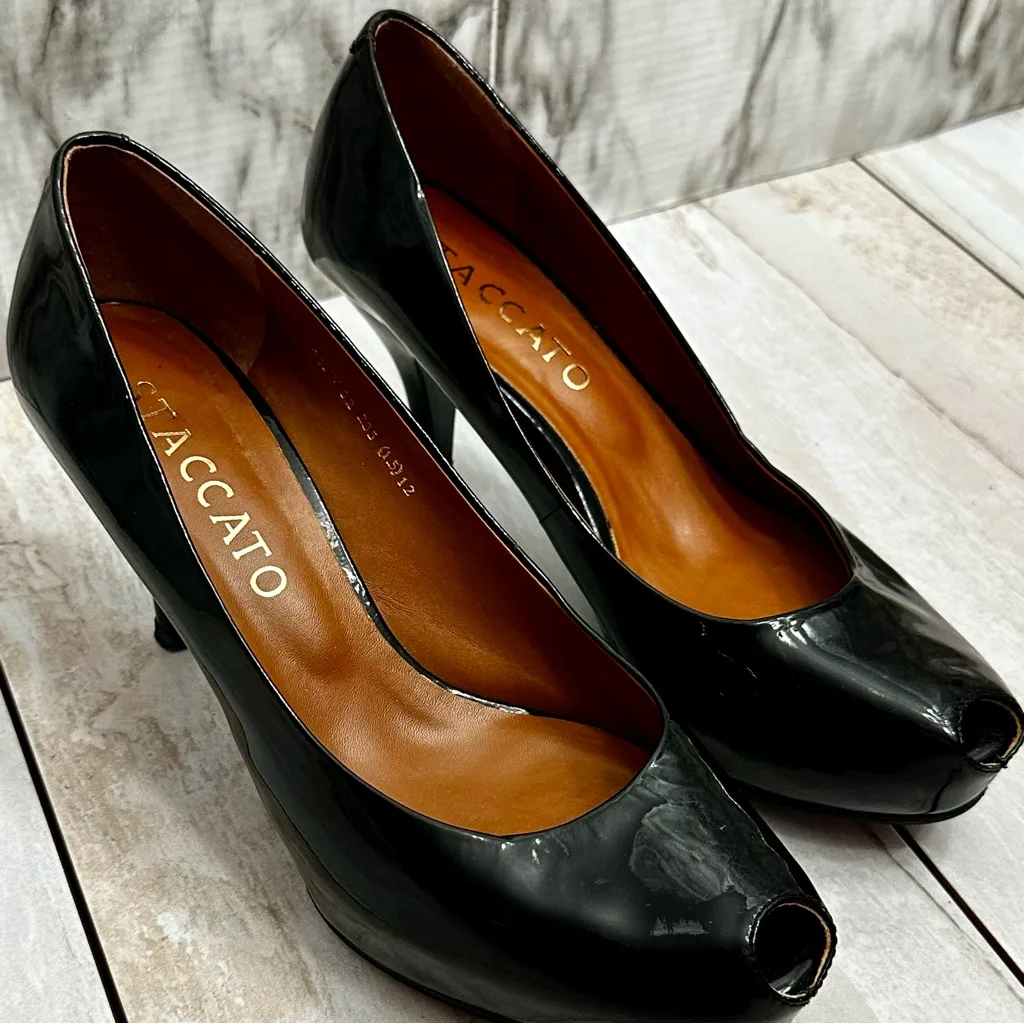 Staccato Patent Leather Glossy Black Peep Toe Heel Shoes Sexy Office Siren Chic - Image 5