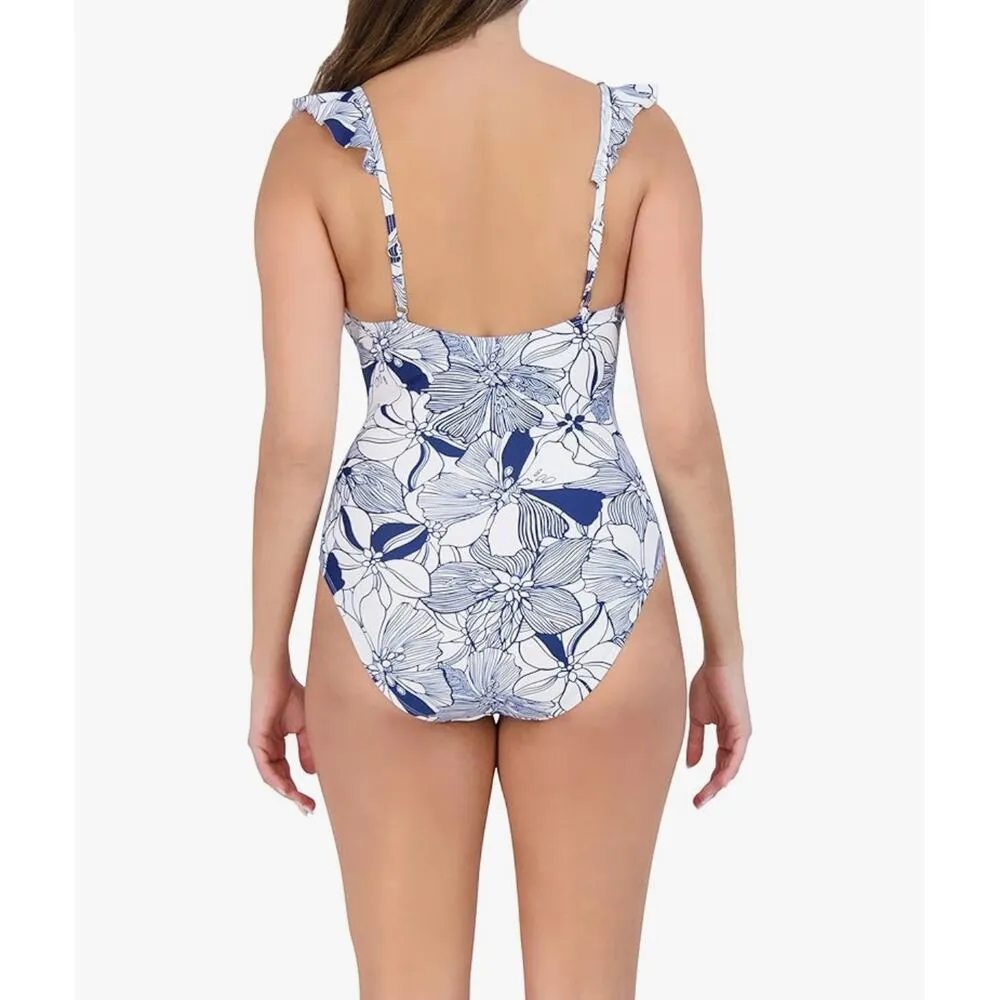 Stella Parker Ruffle Shoulder Tiered Maillot One Piece Swimsuit Blue - Image 2