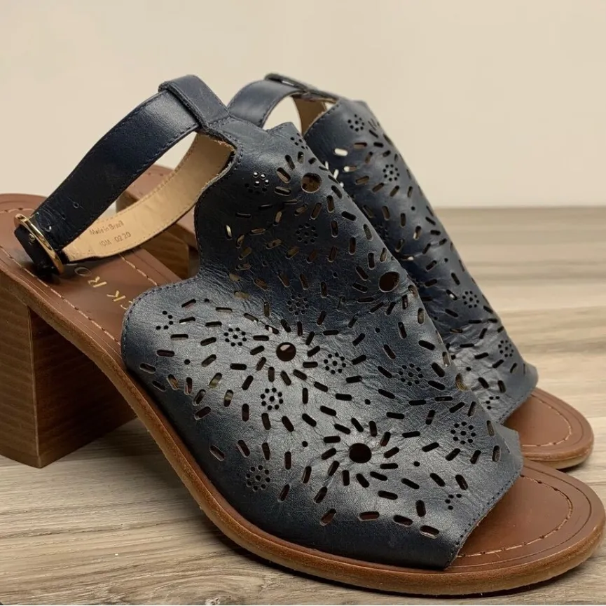 Jack Rogers “Ronnie” Navy Laser-Cut Leather Block Heel Sandals Size 9 Like New - Image 4