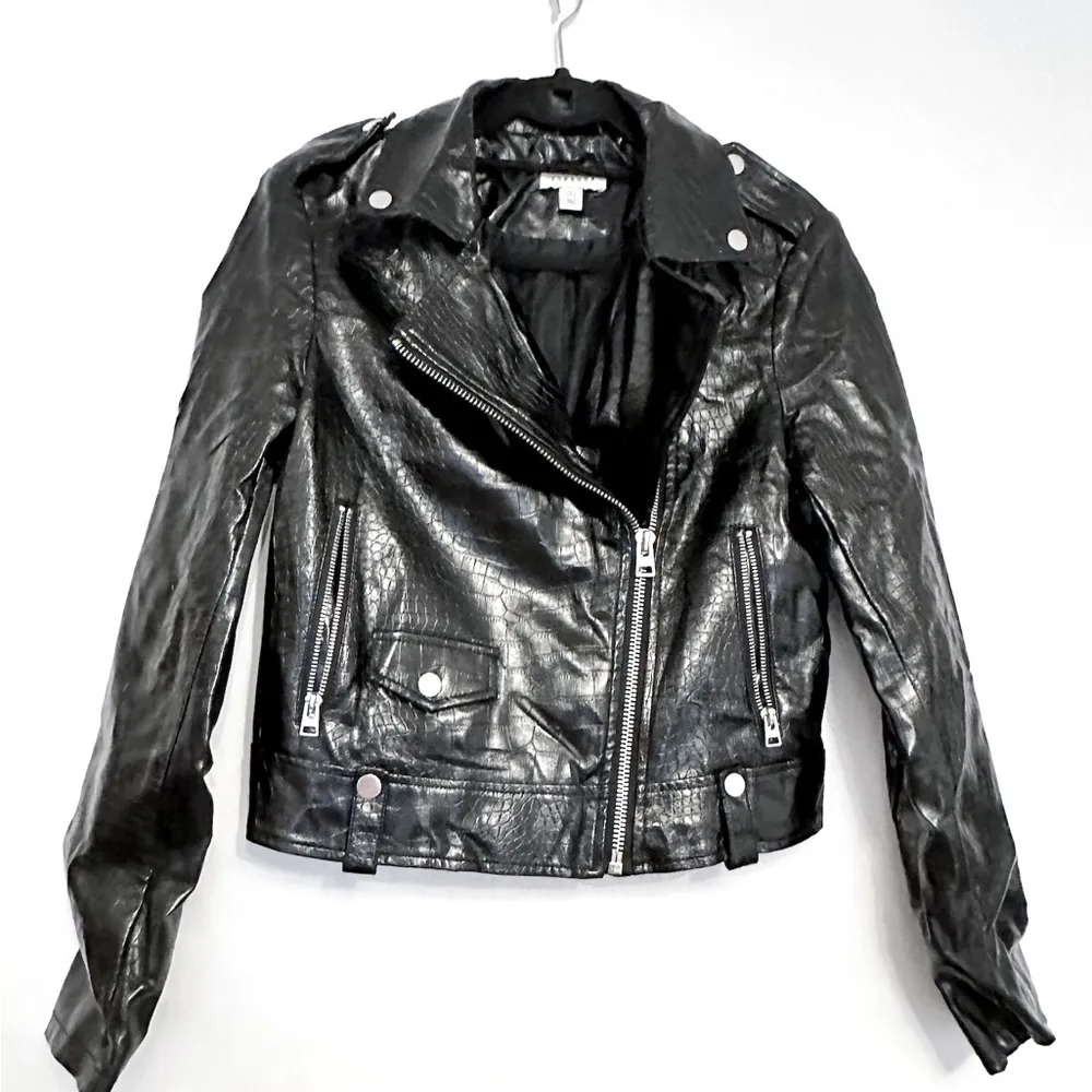Topshop Black Faux Leather Shine Moto Jacket Croc Embossed Zip Biker US 4 Shiny - Image 2