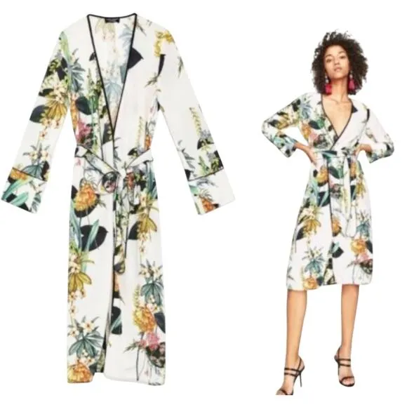 Zara White Floral Botanical Print Belted Resort Kimono Coverup Dress Size Small - Image 2