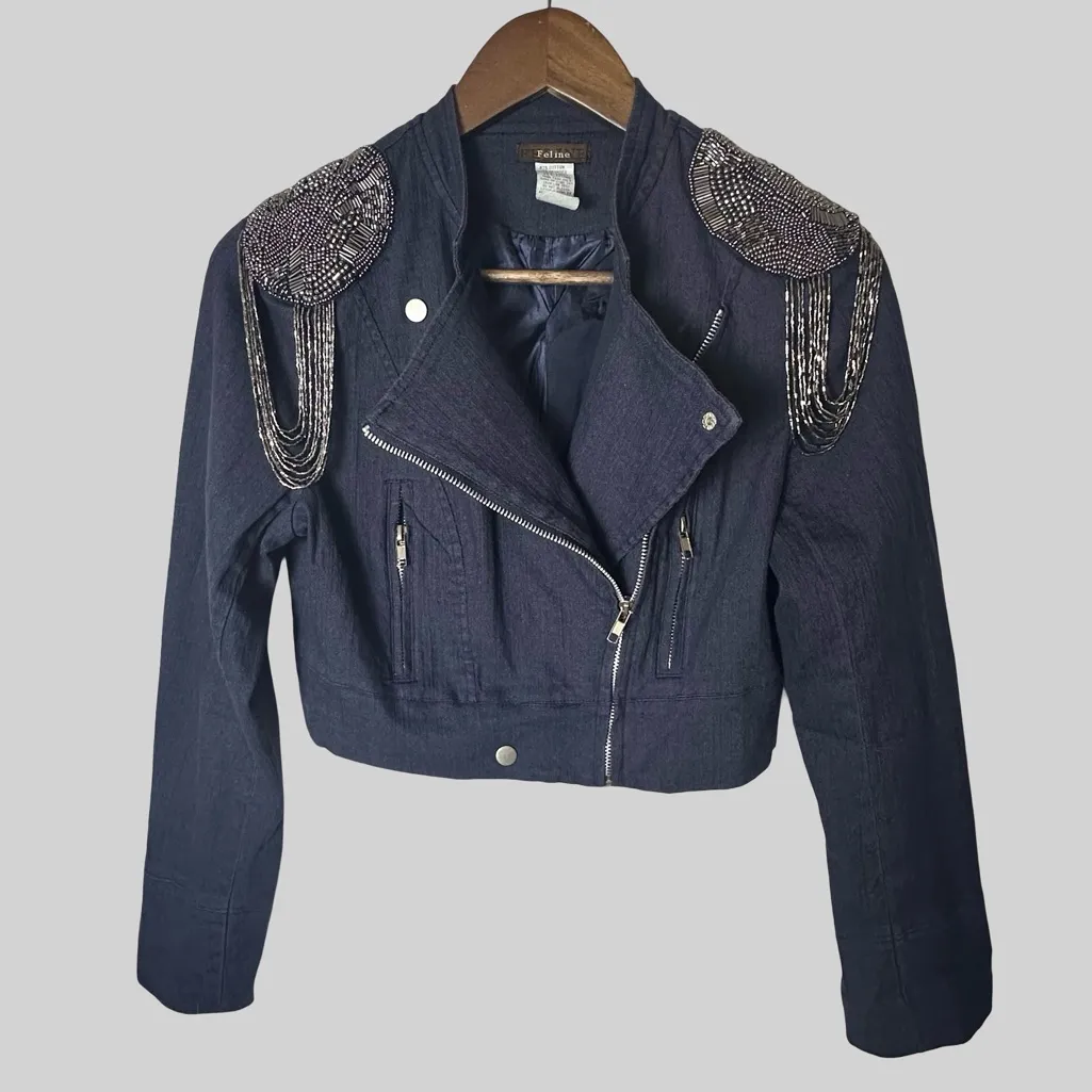 Vintage Feline Cropped Beaded Moto Jacket Navy Blue Small - Image 2