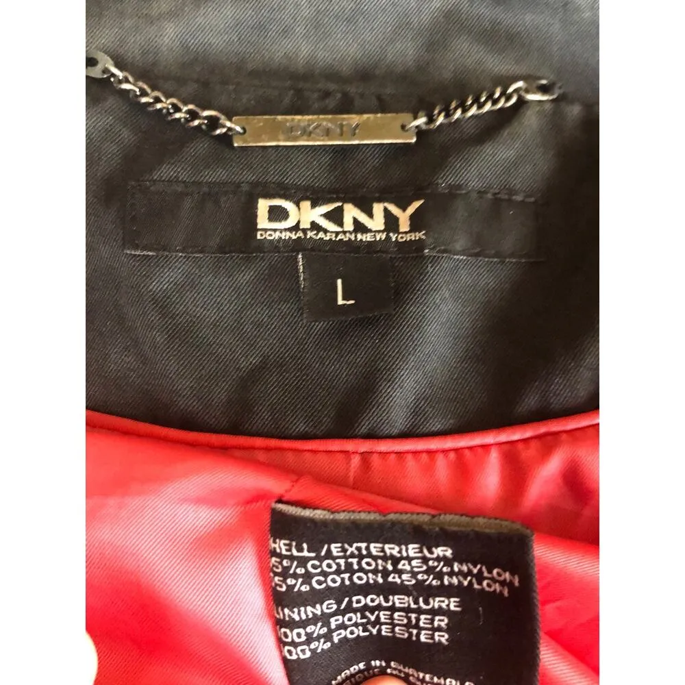 DKNY black double breasted trench coat lined in red size large - Image 12