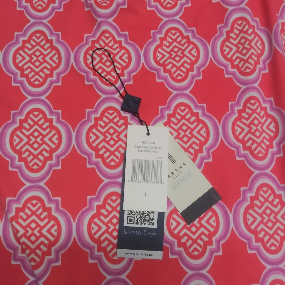 Cabana Life Coral Geo Coverluxe Off Shoulder Smocked Dress Tassels Vacation Sz L Pink Size L - Image 9