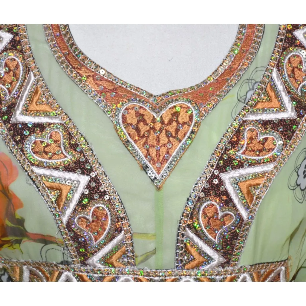 Middle East Arabian Green Floral Maxi Evening Dress Gown XL 1X Sequin Ruffles - Image 3