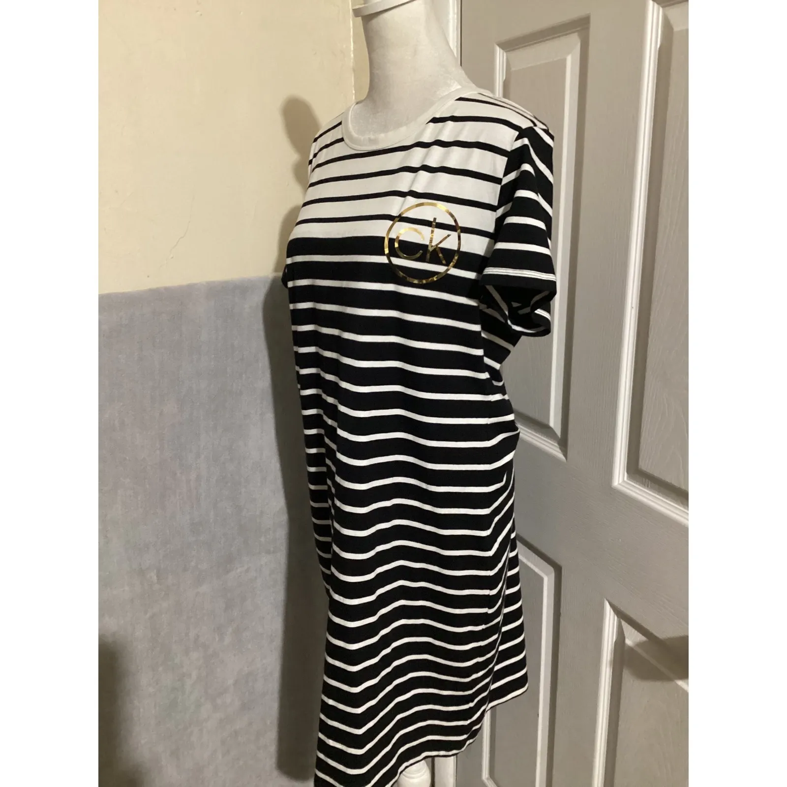 Calvin Klein Women Striped T Shirt Dress Black White Gold Logo Casual Midi - Image 3