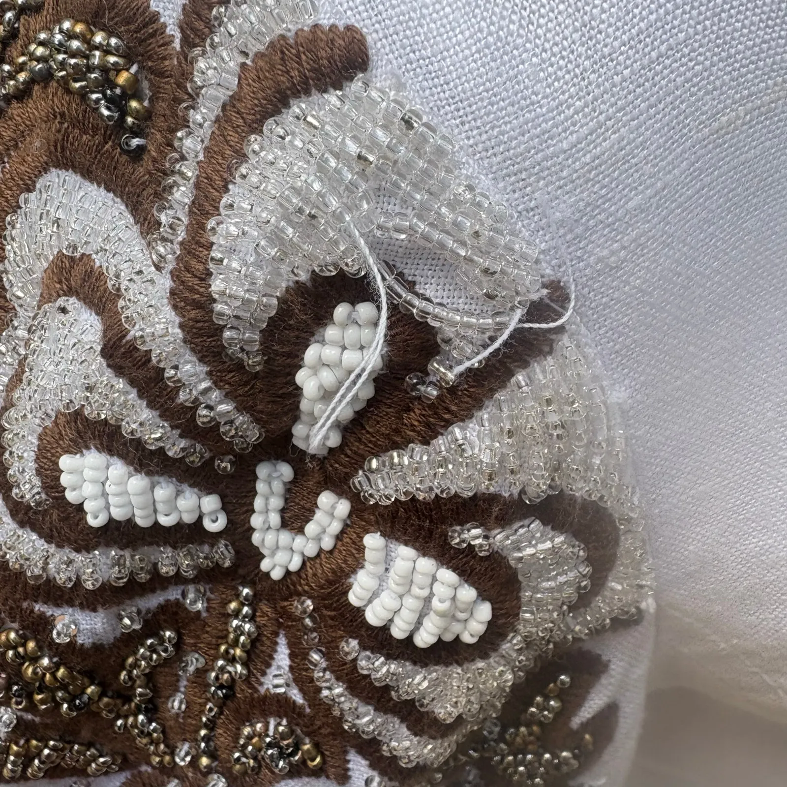 Tory Burch Beaded Mini Dress Tunic Sz 4 White Linen Brown Floral Embellished - Image 13