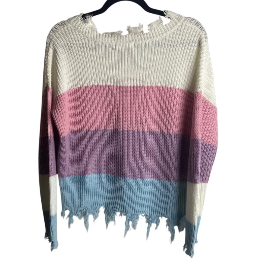 Jolie & Joy Size Large Distressed Striped Ribbed Knit Sweater Purple Blue Pink - Image 7