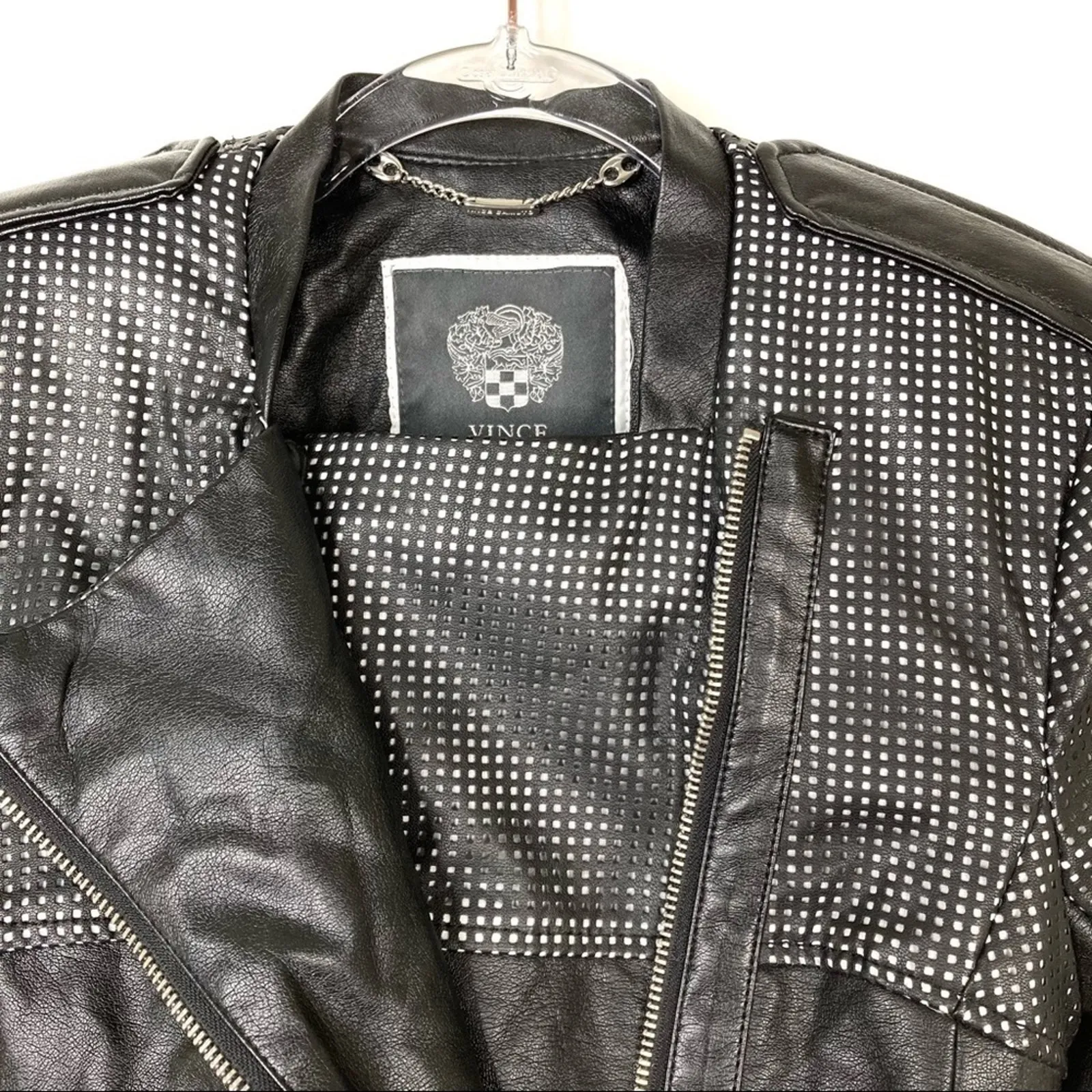 Vince Camuto | Black Faux Leather Moto Jacket Checked Cutout Biker Womens Small - Image 4