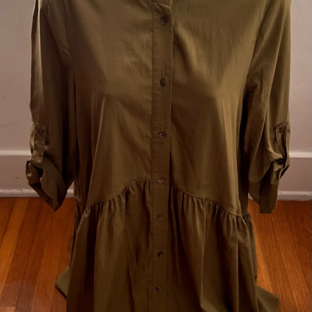Zara Woman Khaki Olive Green drop waist high neck roll tab sleeves mini Dress XS - Image 7