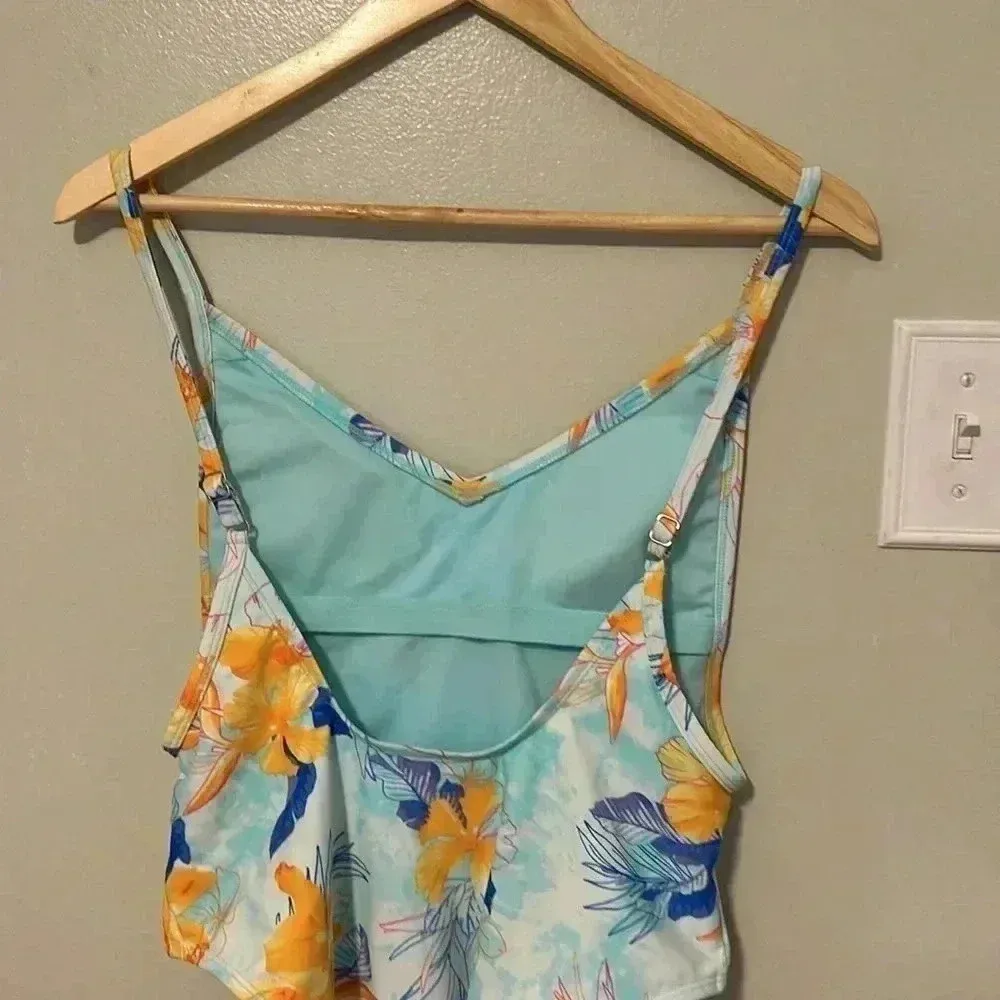 XHILARATION TROPICAL SCOOP BACK HIGH HIP ONE PIECE FLORAL SWIMSUIT, BLUE… - Image 12