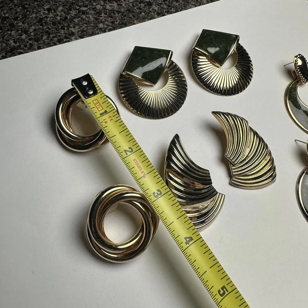 Retro Large Statement Gold Tone Pierced Earrings Women’s Lot Of 4 - Image 7