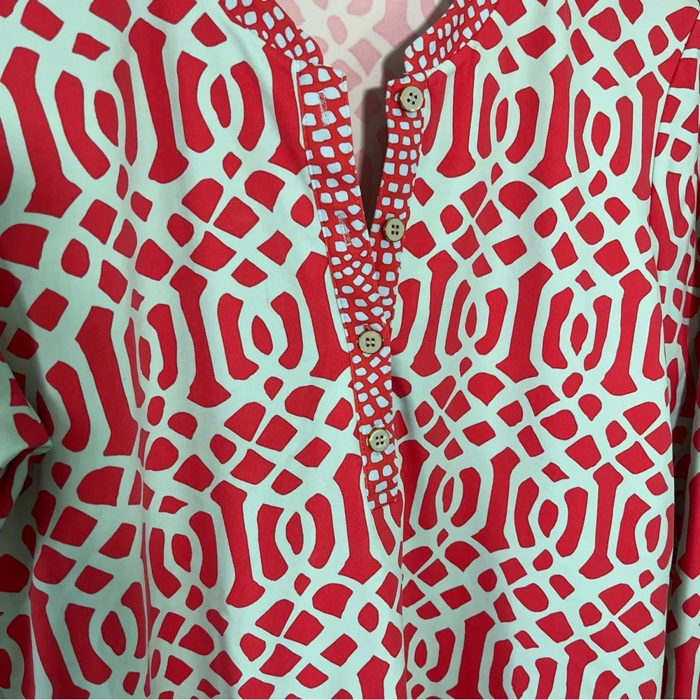 J. McLaughlin Catalina Cloth Tunic Top 3/4 Sleeves Size S Gold Buttons Pink Aqua - Image 3