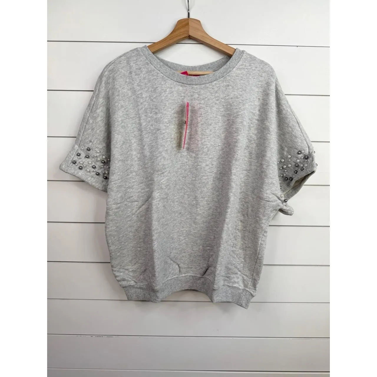Catherine Malandrino Size L Grey Heather Pearl Studded Short Sleeve Sweatshirt - Image 3