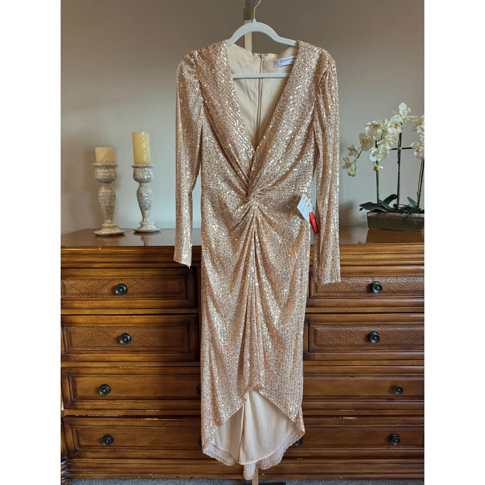 Mac Duggal Ieena Sequin Knotted Midi Dress Rose Gold Size 8 NWT - Image 5