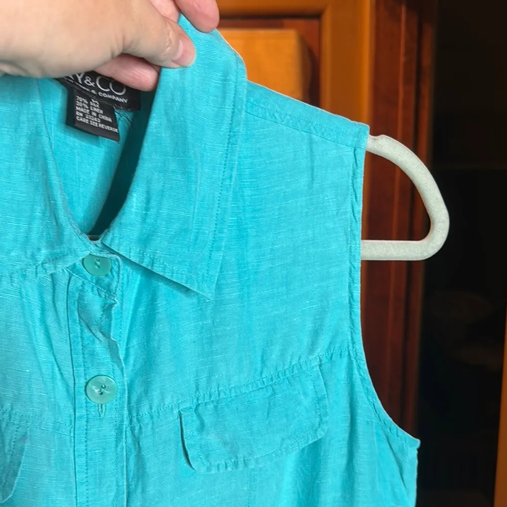 New York & Company Silk Linen Blend Teal Blue Sleeveless Top Size Medium - Image 3