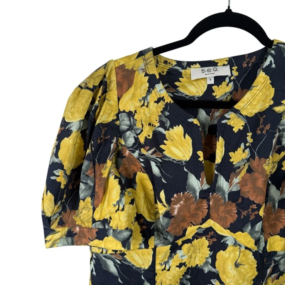 Sea New York Ella Floral Puff Sleeve Mini Dress Preppy 100% Cotton Womens 8 Black - Image 4