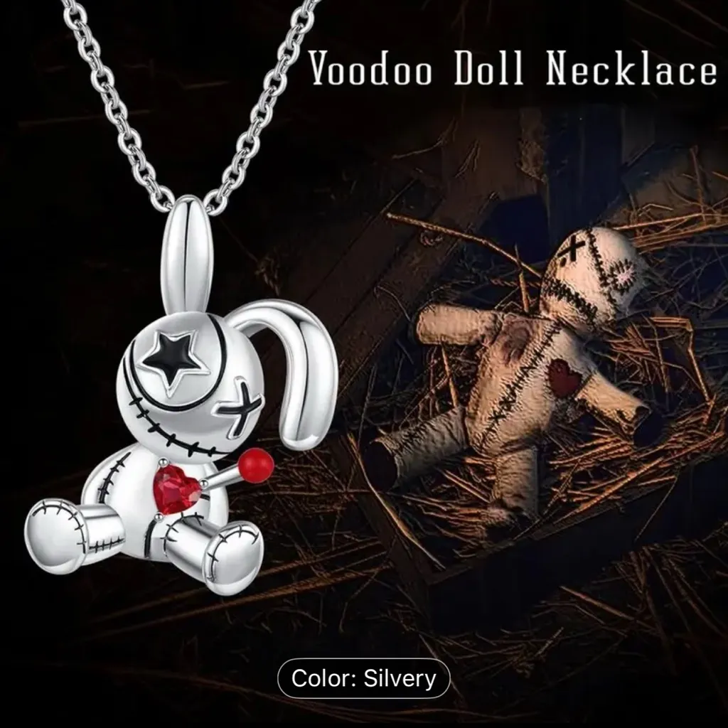 Gothic Style Voodoo Doll Bunny Inspired Necklace Whimsigoth Horror Movie Fashion Silver - Image 2