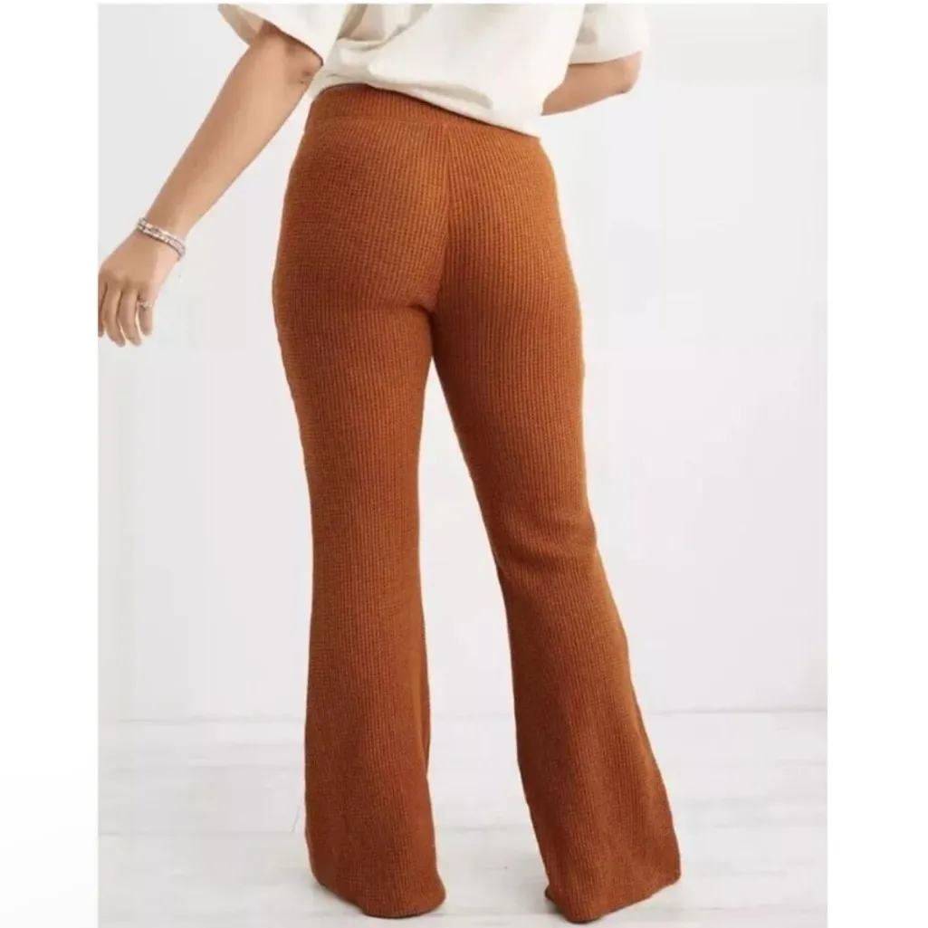 Aerie Large Waffle Knit Flare High Waist Pants Burnt Orange Boho Lounge Comfy - Image 5